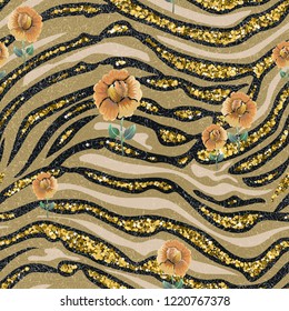 Seamless pattern striped skin of a tiger with gold and flowers