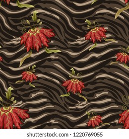 Seamless pattern striped skin of a tiger  and flowers.
