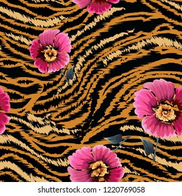 Seamless pattern striped skin of a tiger  and flowers.