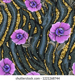 Seamless pattern striped skin of a tiger with gold and flowers