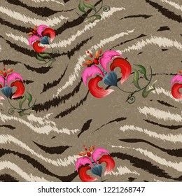 Seamless pattern striped skin of a tiger and flowers.
