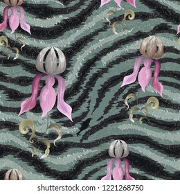 Seamless pattern striped skin of a tiger and flowers.