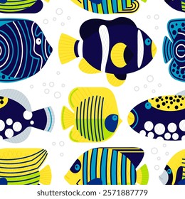 seamless pattern of striped and spotted exotic fish. a flat cartoon-style drawing in blue and yellow colors. stock vector illustration. EPS 10.