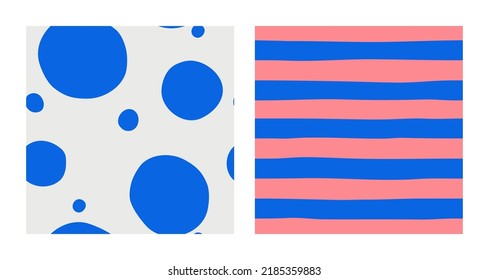 Seamless pattern of striped and spotted hand drawn geometric shapes. Collage of blue and pink horizontal texture lines with colored dots on white background. Print of cloth, banner, fabric, wrapping