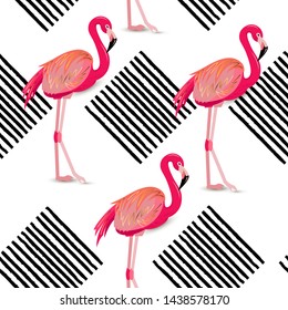Seamless pattern with striped squares and pink flamingos. Vector illustration.