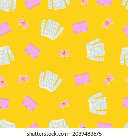 Seamless pattern with striped sweater, shorts and flip flops in pink, green and yellow colors.