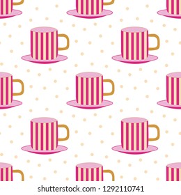 Seamless pattern of striped teacups on a cute polka dot background, perfect for an afternoon tea party. Great for textile print, invitations, or packaging. Vector file.