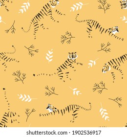 Seamless pattern of striped tigers on a sandy background. Stylized pattern for fabric with tiger stripes. Wild cat stylization. Flat vector illustration.