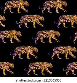 Patrón sin foco con tigres a rayas sobre un fondo negro de la huella vectorial para roca, textil, tela, papel tapizado, almohada, embalaje, papel.