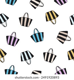 Seamless pattern of striped tote bags in various colors on white background