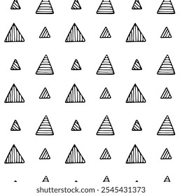 Seamless Pattern. Striped Triangle shapes, endless ornament. Doodle black hand-drawn elements, isolated on a white background. Print and web design, cards, fabric, wrapping paper, design