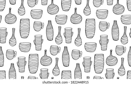 Seamless pattern with striped vases. Hand drawn vector illustration. Beautiful interior element. Cozy home object