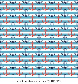 Seamless pattern with stripes and anchors. Nautical and sea travel themes. Vector background.