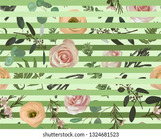 Seamless pattern, stripes background, texture print vector. Pink rose flowers, eustoma cream, brunia, green fern, eucalyptus, branches buxus. Tender, elegant textile fabric, wrapping paper 
