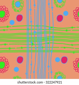 Seamless   pattern of stripes, bagels,ellipses, cross, waves. Hand drawn.