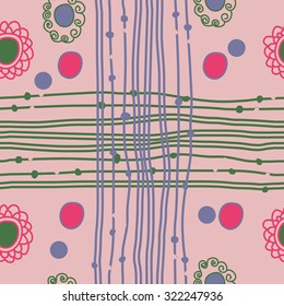 Seamless   pattern of stripes, bagels,ellipses, cross, waves. Hand drawn.