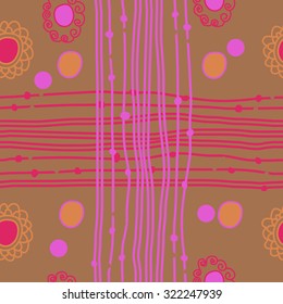 Seamless   pattern of stripes, bagels,ellipses, cross, waves. Hand drawn.