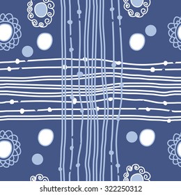 Seamless   pattern of stripes, bagels,ellipses, cross, waves. Hand drawn.