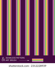 Nahtloses Muster mit Streifen. Helle Neon-Fluoreszenz-Farben. Gut für Bekleidung, Gewebe, Textilien, Oberflächengestaltung. 1960er Jahre, 70er Jahre-Stil, Retro-Hintergrund. Strickte Kunstbürste als Bonus