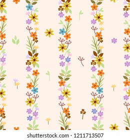seamless pattern with stripes of cartoon meadow flowers in retro colors