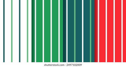 Seamless pattern with stripes. Christmas backgrounds. Striped red green prints. Xmas Noel textures. Holiday packing papers for scrap design. Set of geometric backdrops. Vector illustration.