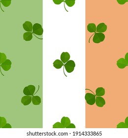 Seamless pattern with stripes in the colors of the flag of Ireland and shamrock