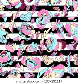 Seamless pattern with stripes and  cute colorful flowers. Summer textile print 