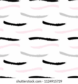 Seamless pattern with stripes of different length and shape. Pink, black and gray curved lines on a white background. Suitable for printing on textiles, fabrics, wallpaper. Vector illustration.