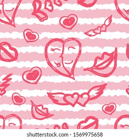Seamless pattern with stripes and hand drawing sketches for Valentine's Day, can be printed on textile, wallpaper, wrapping paper, greeting cards, used in logo, banner, landing page. Vector