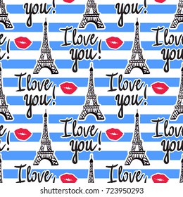 Seamless pattern stripes. Illustration black ink Eiffel Tower. Vector decorations isolated on white background. Handwritten inscription  I love you.