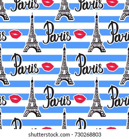 Seamless pattern stripes. Illustration black ink Eiffel Tower. Vector decorations isolated on white background. Handwritten inscription Paris.