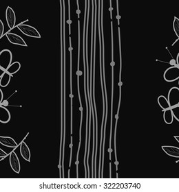 Seamless   pattern of stripes, leaves, branches, butterflies. Hand drawn.