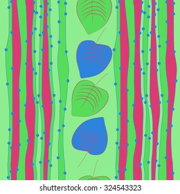 Seamless   pattern  of stripes, leaves, hole, waves, spots. Hand drawn, autumn theme.