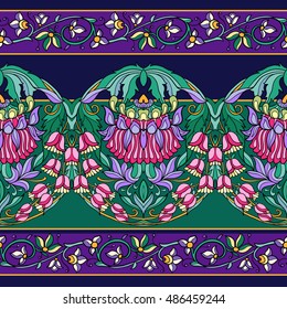 Seamless pattern with stripes and medieval floral pattern.  Vector illustration. 
