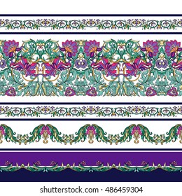 Seamless pattern with stripes and medieval floral pattern.  Vector illustration. 