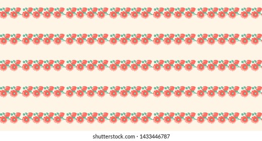 Seamless pattern from stripes of poppies with open buds with stems and leaves on a cream background. Vector.