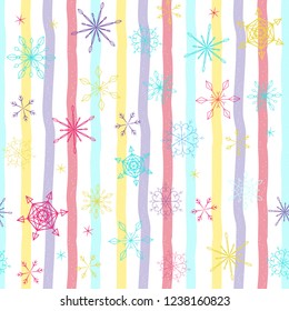 Seamless pattern with stripes and snowflakes. Print for fabric, textile and linen, web page background, gift and wrapping paper, greeting cards, scrapbooking album, collages, winter decorations.