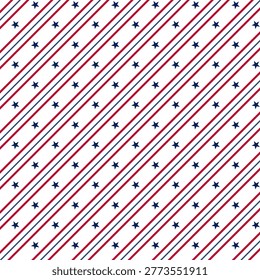 Seamless pattern with stripes and stars.Patriotic seamless pattern with blue and red diagonal lines and blue stars.Colorful repeat pattern for independent day, America, USA, Memorial Day concept.