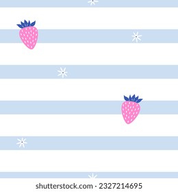 Seamless pattern with stripes, strawberries and small flowers. Cute summer background. Suitable for kids' projects. Vector illustrations in pink and blue colors. 