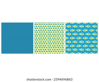seamless pattern of stripes, triangles and fish. set with the bear with binoculars 