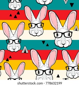 Seamless pattern with stripes and white rabbits in retro colors. Vector creative background.
