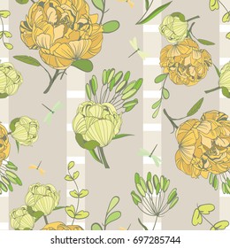 Seamless pattern with stripes and yellow flowers peony