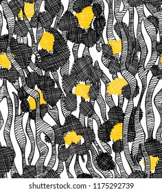 Seamless pattern. Stripes of a zebra and decorative yellow blots of leopard skin. Textile composition, hand drawn style print. Vector illustration.