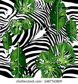 Seamless pattern of stripes of zebra, tiger and exotic leaves.