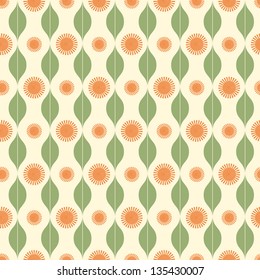 Seamless pattern with stripy sun and leaves ornament