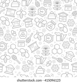 Seamless pattern with stroked beekeeping signs - honey bees, bee cells, beehives, plants and  flowers. Beekeeping endless texture for business. Monochrome