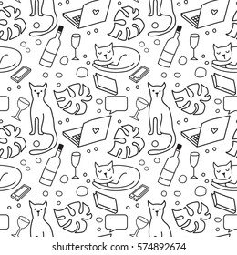 Seamless pattern a strong independent woman. Black and white. Hand Drawing