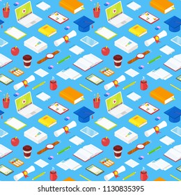 Seamless pattern of student accsessories on blue background.Vector illustration.