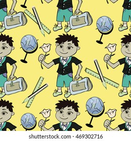 seamless pattern with a student of the first class of a boy and a globe and a pencil vector illustration