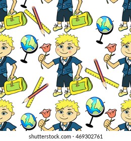 seamless pattern with a student of the first class boy and globe vector illustration